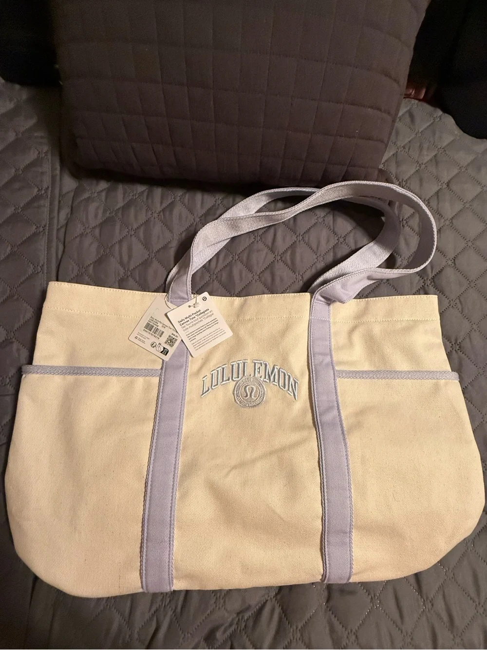 Lululemon Canvas Multi Pocket Tote Bag with Serene Blue Trim/Embroidered Logo